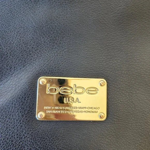 Bebe Black Faux Leather Bag Purse Large Gold Chains Glam Edgy Maximalism Loud - Picture 12 of 16